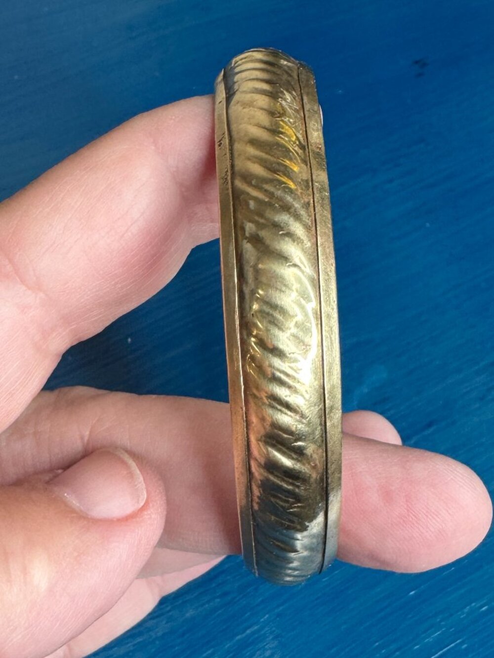 Vintage Boho Stamped Brass Bangle Bracelet, Hollow 1970s Twisted Ribbon Pattern